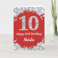 Happy 10. Geburtstagskarte Rot und Silber Glitzer