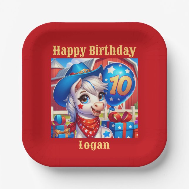 Happy 10-jähriges Cowboy Pony Pappteller (Vorderseite)