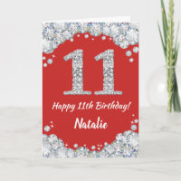 Happy 11. Geburtstagskarte Rot und Silber Glitzer