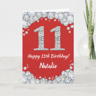 Happy 11. Geburtstagskarte Rot und Silber Glitzer Karte