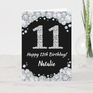 Happy 11. Geburtstagskarte Schwarz/Silber Glitzer Karte