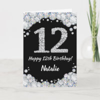 Happy 12. Geburtstagskarte Schwarz/Silber Glitzer
