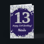 Happy 13. Geburtstag Navy Blue und Silver Glitzer Karte<br><div class="desc">Happy 13. Geburtstag Navy Blue und Silver Glitzer Card mit personalisiertem Namen. Für weitere Anpassungen klicken Sie bitte auf die Schaltfläche "Anpassen" und verwenden Sie unser Designwerkzeug,  um diese Vorlage zu ändern.</div>