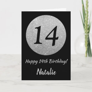 Happy 14th Birthday Black and Silver Glitter Card Karte