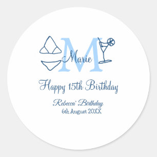 Happy 15. Geburtstag blauer Name Monogram Bikini h Runder Aufkleber