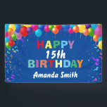 Happy 15. Geburtstag farbenfrohe Balloons Blau Banner<br><div class="desc">Happy 15. Geburtstag farbenfrohe Balloons Confetti Blue Banner. Für weitere Anpassungen klicken Sie bitte auf die Schaltfläche "Anpassen" und verwenden Sie unser Designwerkzeug,  um diese Vorlage zu ändern.</div>