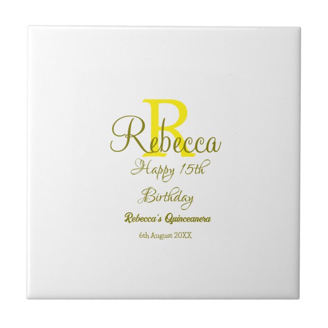 Happy 15. Geburtstag gelb fügen Namen monogramm mo Fliese (Vorderseite)
