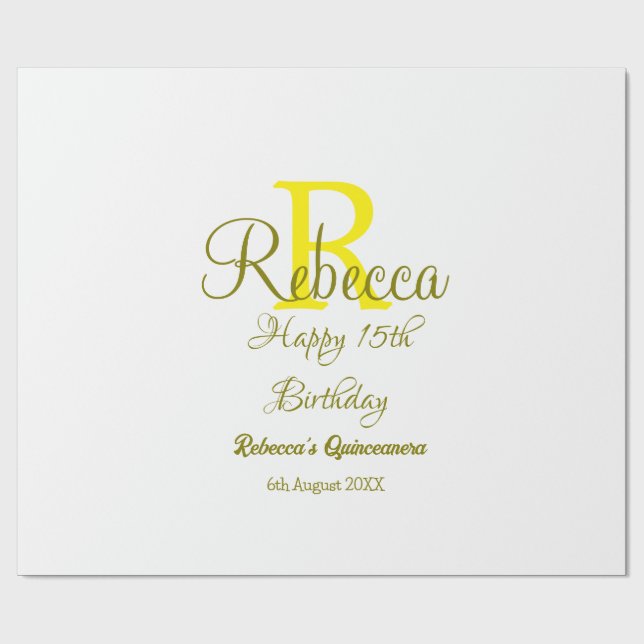 Happy 15. Geburtstag gelb fügen Namen monogramm mo Geschenkpapier (Flach)