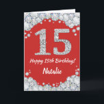 Happy 15. Geburtstagskarte Rot und Silber Glitzer  Karte<br><div class="desc">Glückliche 15. Geburtstagskarte Rot und Silber Glitzer mit personalisiertem Namen. Für weitere Anpassungen klicken Sie bitte auf die Schaltfläche "Anpassen" und verwenden Sie unser Designwerkzeug,  um diese Vorlage zu ändern.</div>