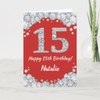 Happy 15. Geburtstagskarte Rot und Silber Glitzer