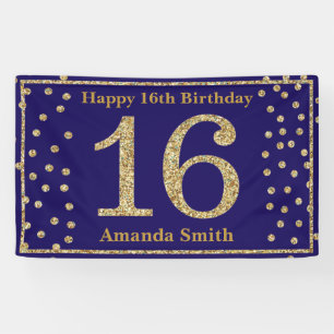 Happy 16. Geburtstag Banner Navy Blue Gold Glitzer