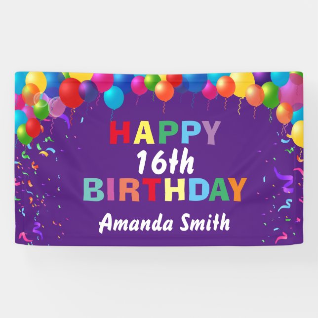 Happy 16. Geburtstag Bunte Balloons Lila Banner (Horizontal)