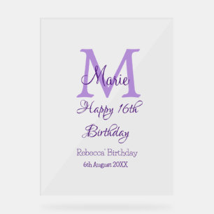 Happy 16. Geburtstag lila Name Monogram hinzufügen Acrylschild