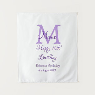 Happy 16. Geburtstag lila Name Monogram hinzufügen Wandteppich