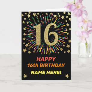 Happy 16th Birthday Black & Gold Rainbow Firework Karte