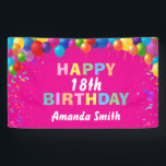 Happy 18. Geburtstag farbenfrohe Balloons Hot Pink Banner<br><div class="desc">Happy 18. Geburtstag farbenfrohe Balloons Confetti Hot Pink Banner. Für weitere Anpassungen klicken Sie bitte auf die Schaltfläche "Anpassen" und verwenden Sie unser Designwerkzeug,  um diese Vorlage zu ändern.</div>