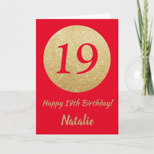Happy 19th Birthday Red and Gold Glitter Card Karte (Vorderseite)