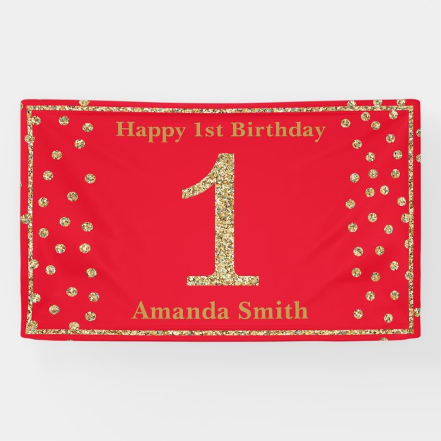 Happy 1. Geburtstag Banner Rot und Gold Glitzer (Horizontal)