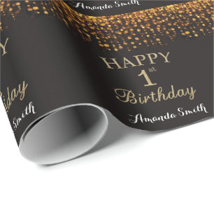Happy 1. Geburtstag Black and Gold Glitzer Geschenkpapier