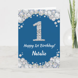 Happy 1. Geburtstag Blue and Silver Glitzer Card Karte