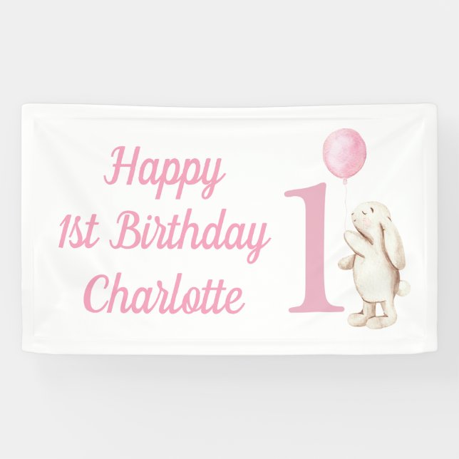 Happy 1. Geburtstag Bunny Balloon Pink Banner (Horizontal)