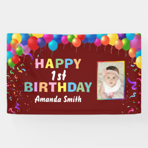 Happy 1. Geburtstag farbenfrohe Balloons Burgundy  Banner