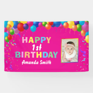 Happy 1. Geburtstag farbenfrohe Balloons Hot Pink Banner