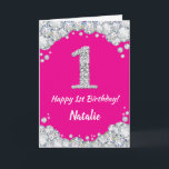 Happy 1. Geburtstag Hot Pink und Silver Glitzer Karte<br><div class="desc">Happy 1. Geburtstag Hot Pink und Silver Glitzer Card mit personalisiertem Namen. Für weitere Anpassungen klicken Sie bitte auf die Schaltfläche "Anpassen" und verwenden Sie unser Designwerkzeug,  um diese Vorlage zu ändern.</div>