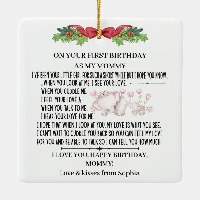 Happy 1st Birthday as my Mommy With Baby elephant Keramikornament (Rückseite)