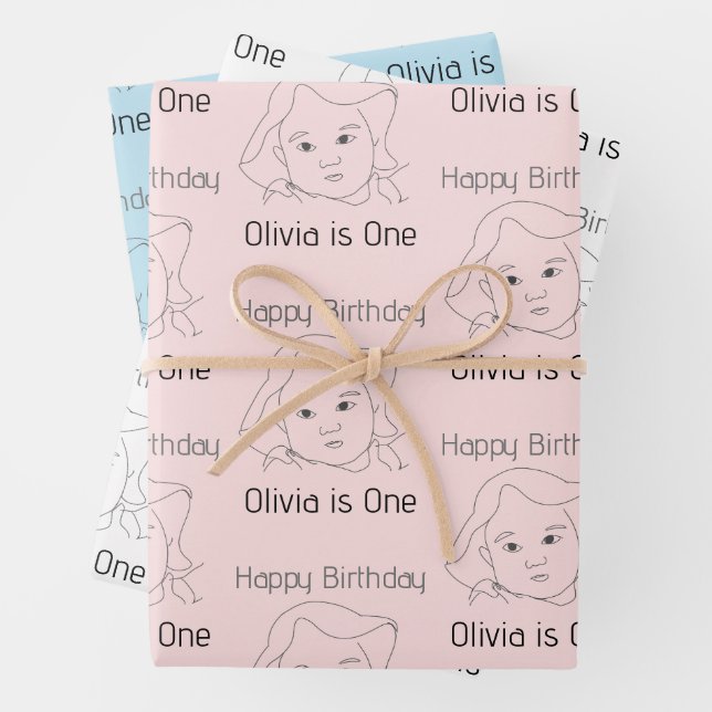 Happy 1st Birthday Custom Baby Face Portrait Geschenkpapier Set (Beispiel)