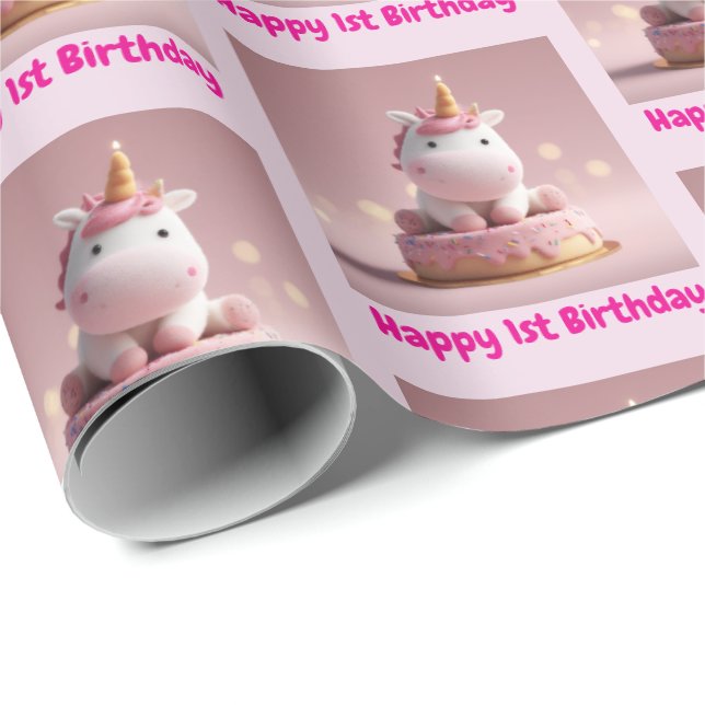 Happy 1st Birthday, Cute Baby Girl Unicorn Geschenkpapier (Rolleneckpunkt)