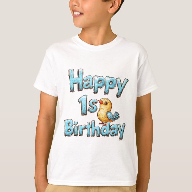 Happy 1st Birthday – Cute Blue Bird and Birthday  T-Shirt (Vorderseite)