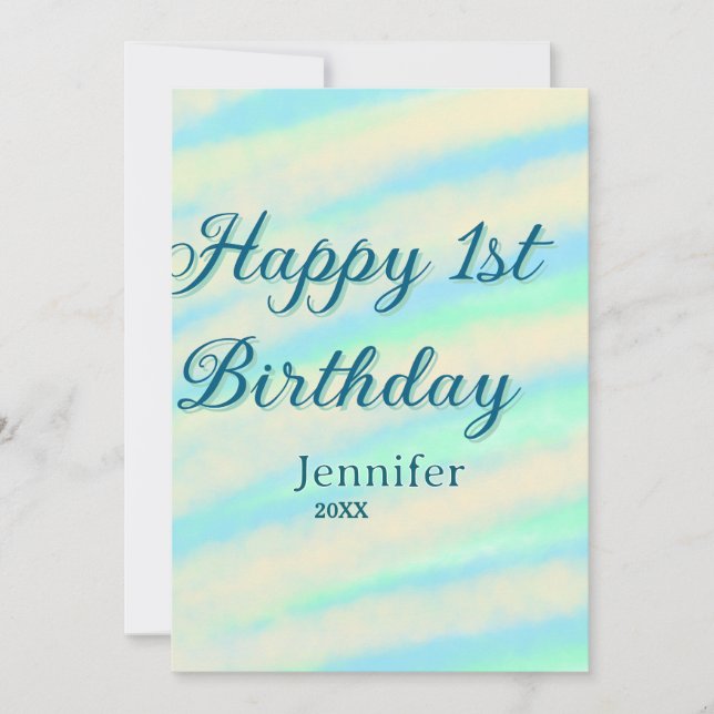 Happy 1st birthday kids baby blue green pastel ret einladung (Vorderseite)