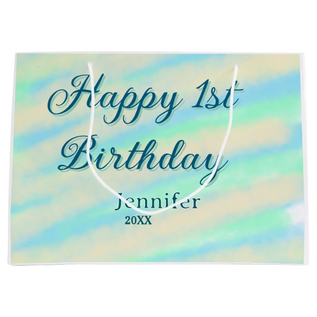 Happy 1st birthday kids baby blue green pastel ret große geschenktüte (Vorderseite)