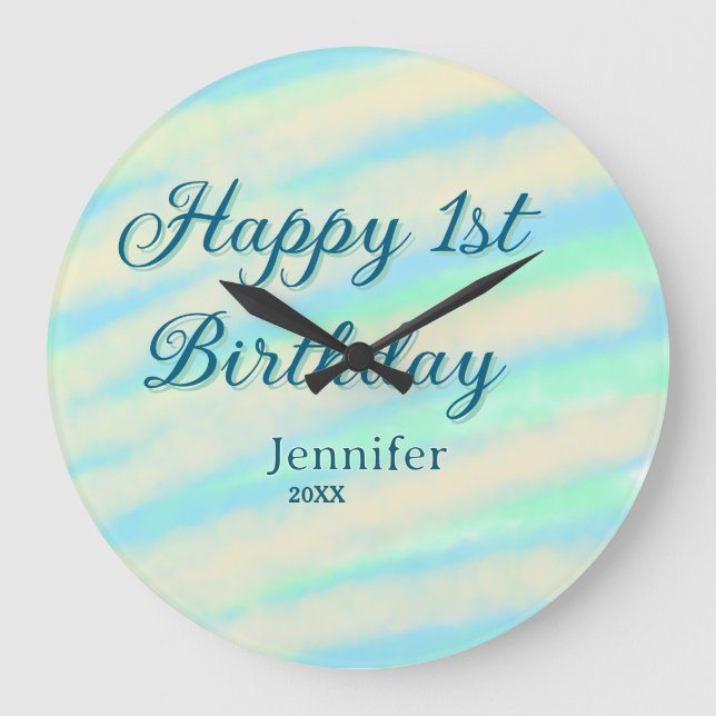 Happy 1st birthday kids baby blue green pastel ret große wanduhr (Vorderseite)