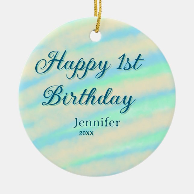 Happy 1st birthday kids baby blue green pastel ret keramik ornament (Vorne)