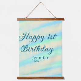 Happy 1st birthday kids baby blue green pastel ret wandteppich mit holzrahmen