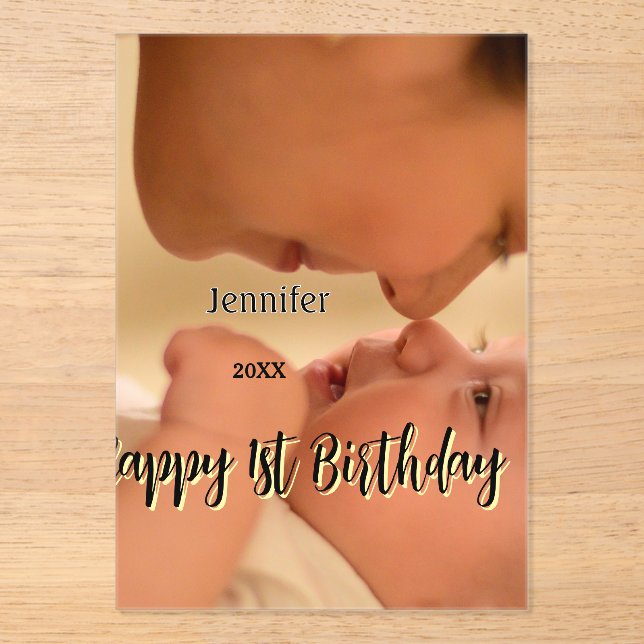 Happy 1st birthday kids baby mother black yellow  acryleinladungen (Vorderseite)