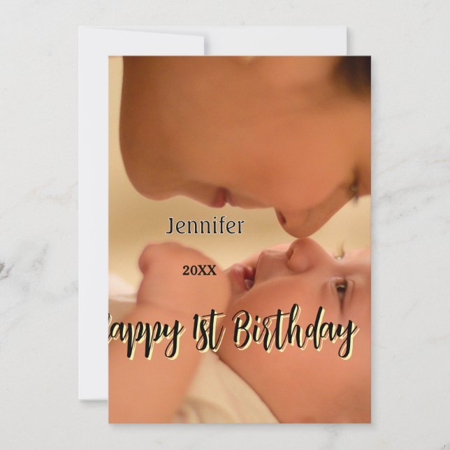 Happy 1st birthday kids baby mother black yellow  einladung (Vorderseite)