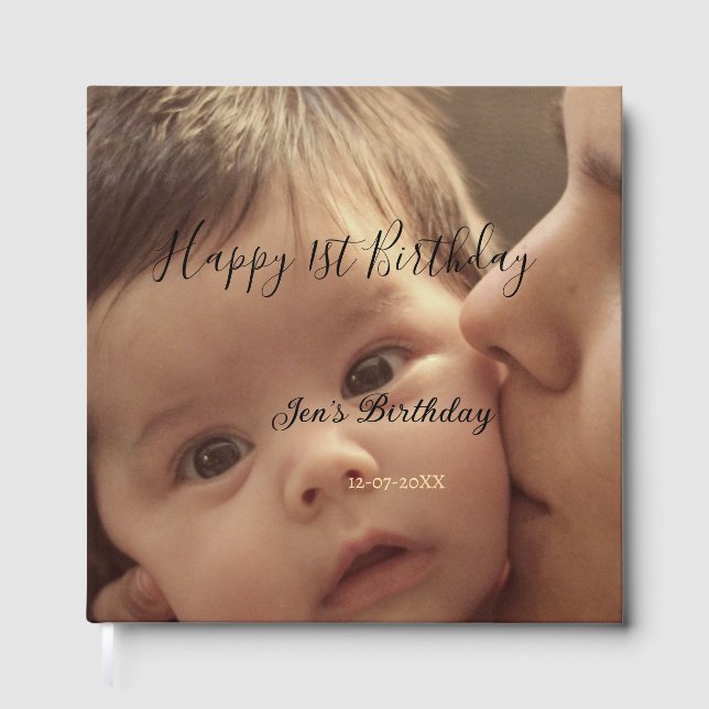 Happy 1st birthday name photo date stylish calligr gästebuch (Vorderseite)