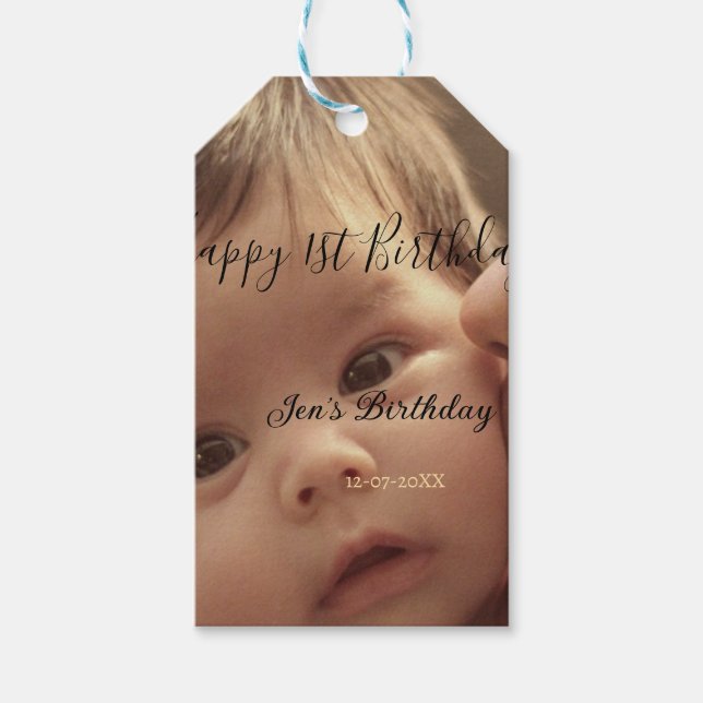 Happy 1st birthday name photo date stylish calligr geschenkanhänger (Vorderseite)
