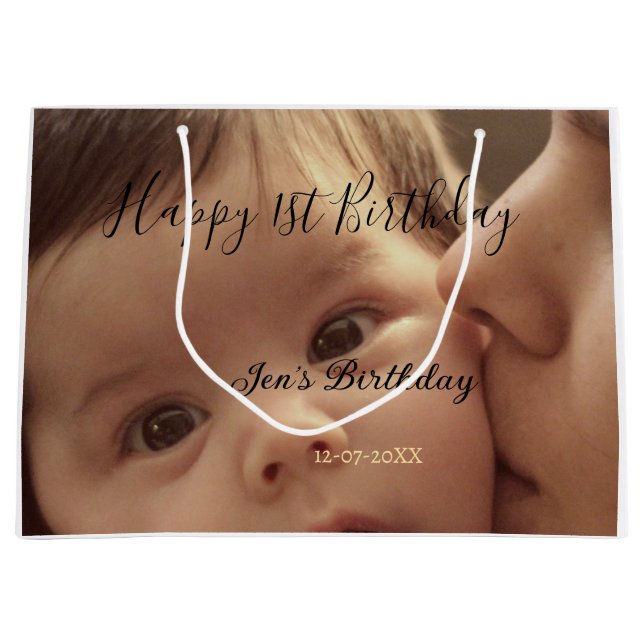 Happy 1st birthday name photo date stylish calligr große geschenktüte (Vorderseite)