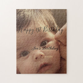 Happy 1st birthday name photo date stylish calligr puzzle