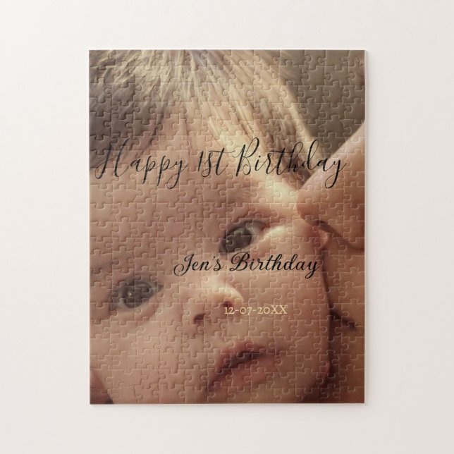 Happy 1st birthday name photo date stylish calligr puzzle (Vertikal)