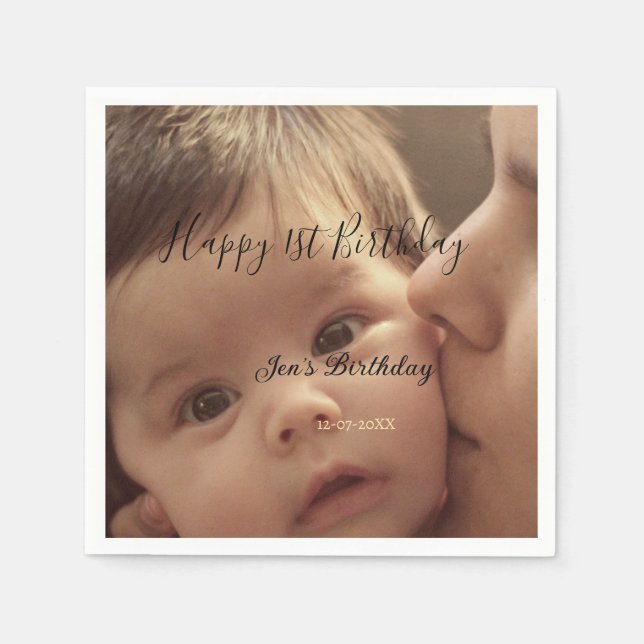 Happy 1st birthday name photo date stylish calligr serviette (Vorderseite)