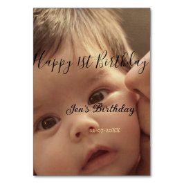 Happy 1st birthday name photo date stylish calligr tischnummer