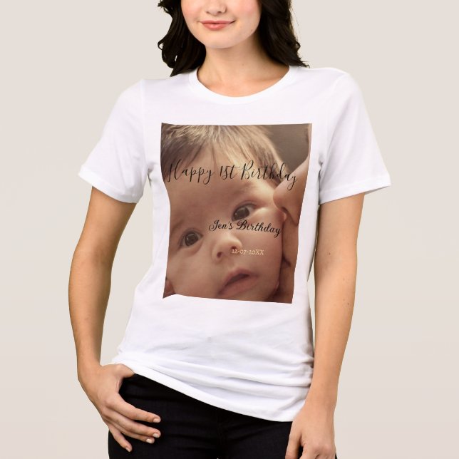 Happy 1st birthday name photo date stylish calligr Tri-Blend shirt (Vorderseite)