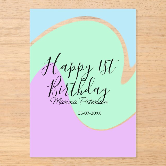 Happy 1st birthday pink green blue acrylic pour  acryleinladungen (Vorderseite)