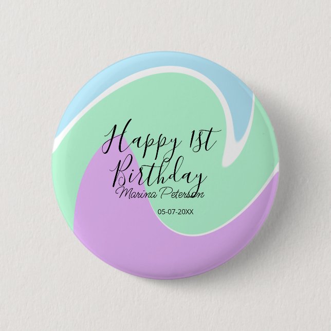 Happy 1st birthday pink green blue acrylic pour  button (Vorderseite)