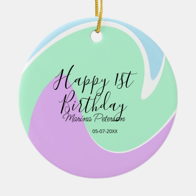 Happy 1st birthday pink green blue acrylic pour  keramik ornament (Vorne)